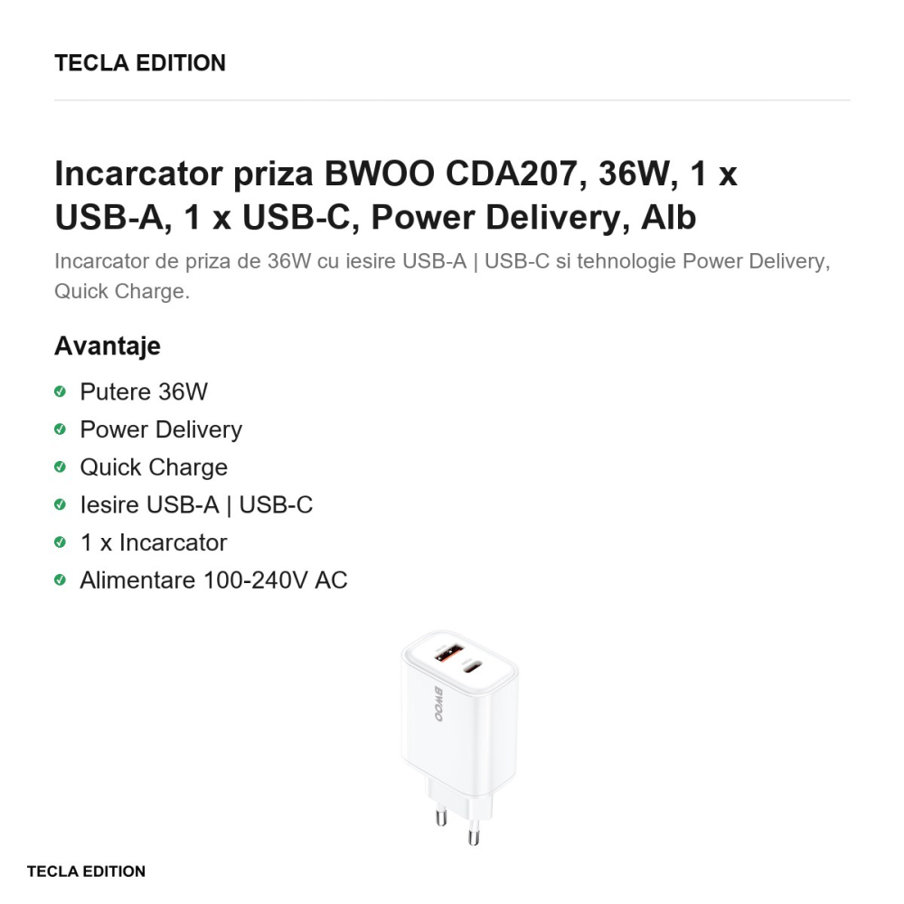 Incarcator priza BWOO CDA207, 36W, 1 x USB-A, 1 x USB-C, Power Delivery, Alb [2]