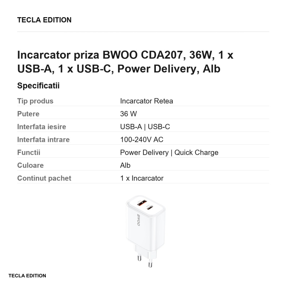 Incarcator priza BWOO CDA207, 36W, 1 x USB-A, 1 x USB-C, Power Delivery, Alb [3]