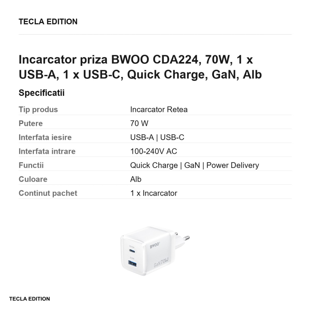 Incarcator priza BWOO CDA224, 70W, 1 x USB-A, 1 x USB-C, Quick Charge, GaN, Alb [3]