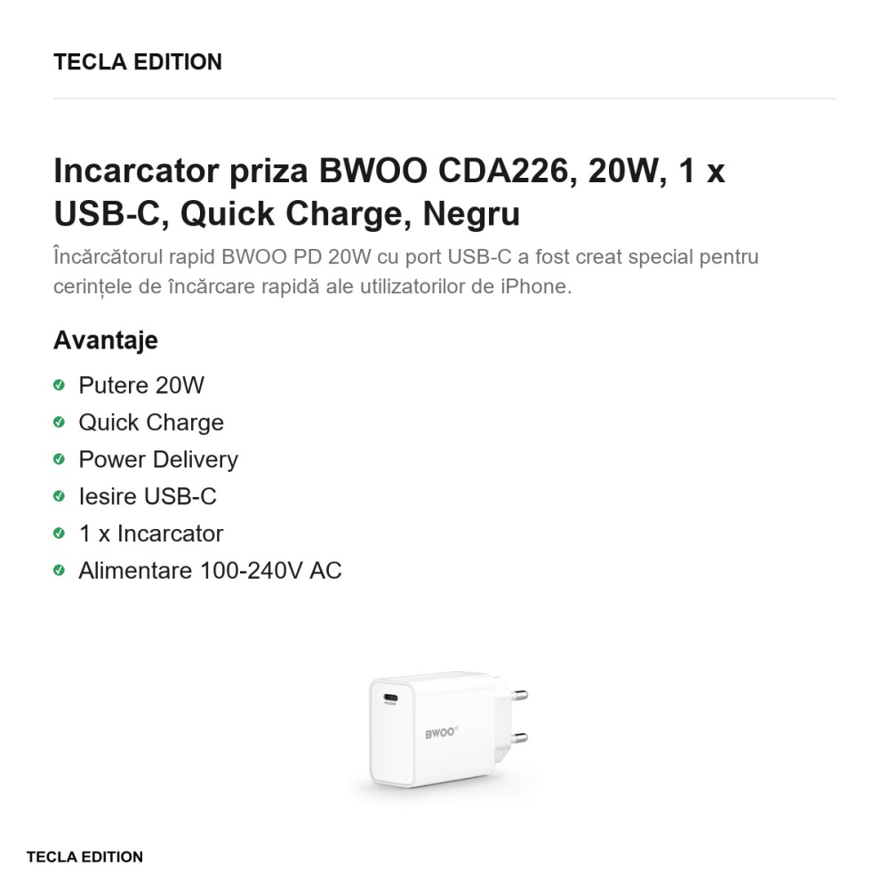 Incarcator priza BWOO CDA226, 20W, 1 x USB-C, Quick Charge, Negru [2]