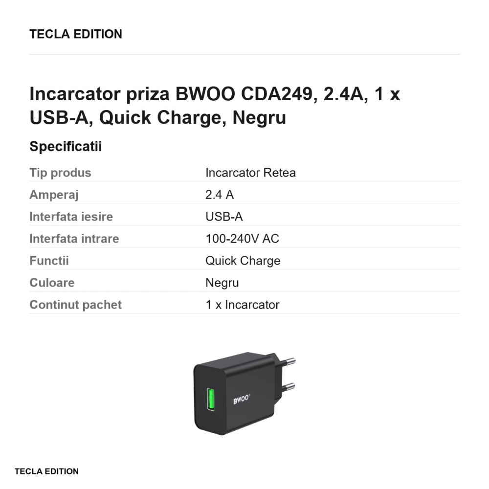 Incarcator priza BWOO CDA249, 2.4A, 1 x USB-A, Quick Charge, Negru [3]