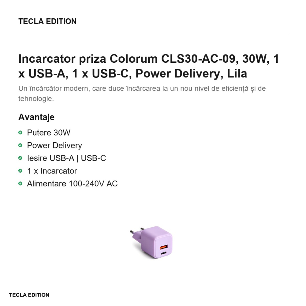 Incarcator priza Colorum CLS30-AC-09, 30W, 1 x USB-A, 1 x USB-C, Power Delivery, Lila [2]