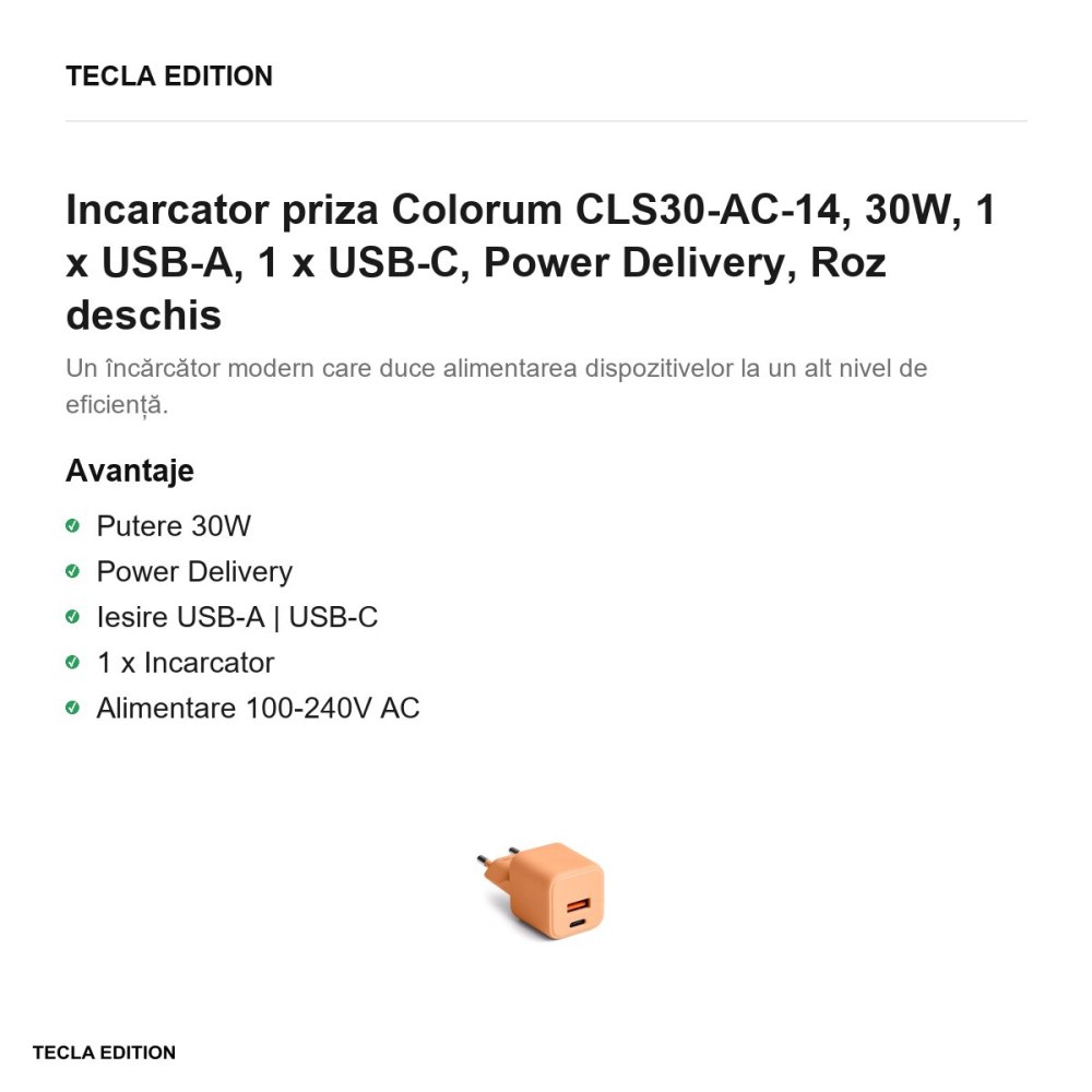 Incarcator priza Colorum CLS30-AC-14, 30W, 1 x USB-A, 1 x USB-C, Power Delivery, Roz deschis [2]