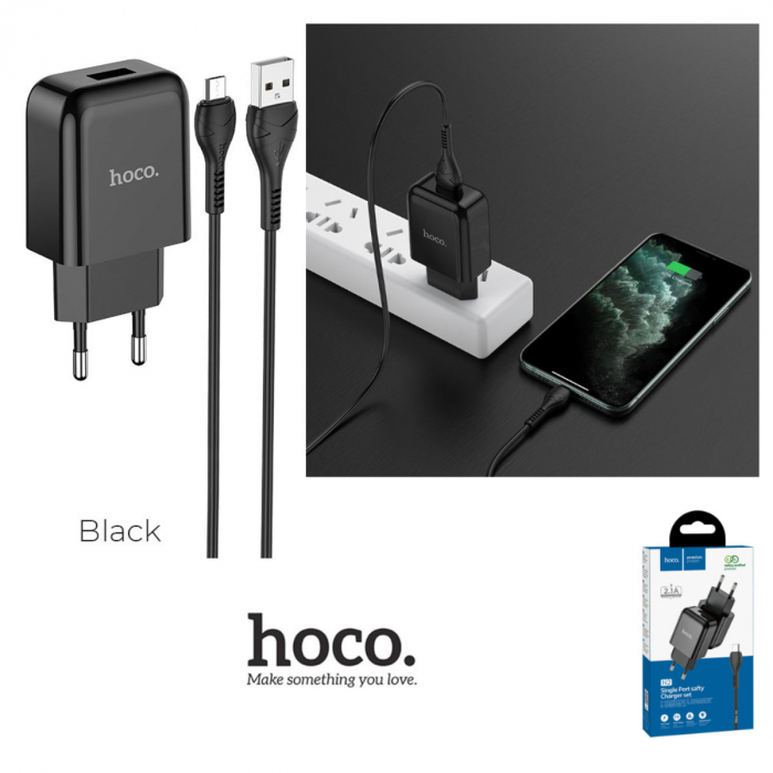 Incarcator priza EU, 5V / 2.1 A, 1 x USB, HOCO N2 Vigour, cu cablu microUSB, lungime 1m, negru [4]