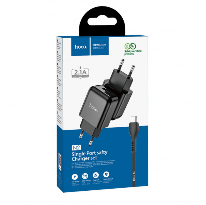 Incarcator priza EU, 5V / 2.1 A, 1 x USB, HOCO N2 Vigour, cu cablu microUSB, lungime 1m, negru [5]