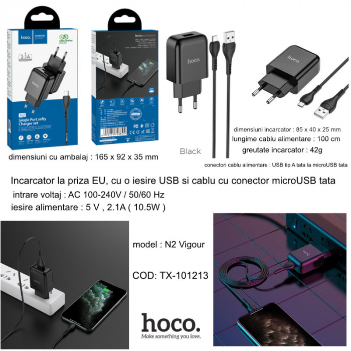 Incarcator priza EU, 5V / 2.1 A, 1 x USB, HOCO N2 Vigour, cu cablu microUSB, lungime 1m, negru [6]