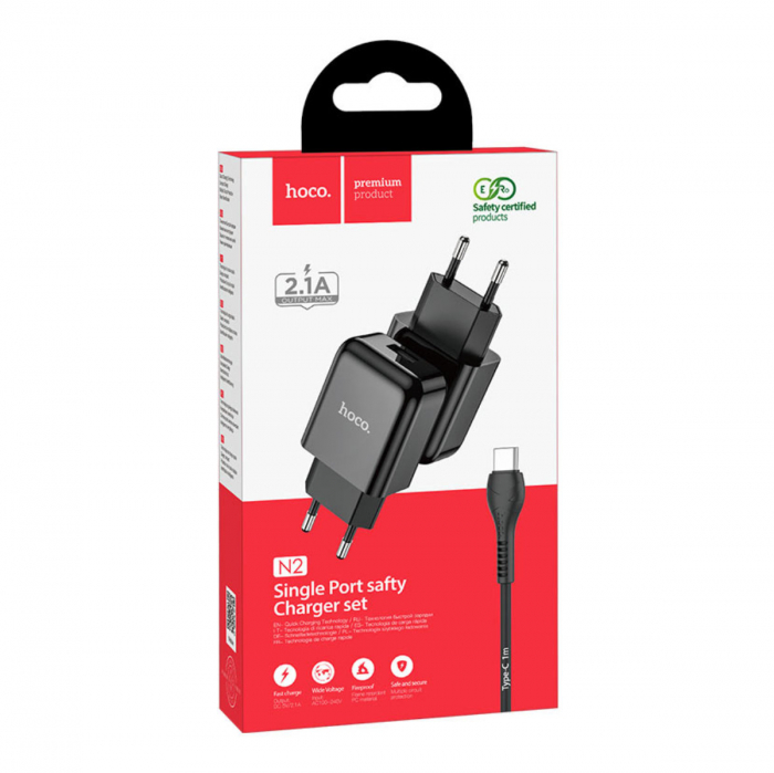 Incarcator priza EU, 5V / 2.1 A, 1 x USB, HOCO N2 Vigour, cu cablu Type C, lungime 1m, negru [5]