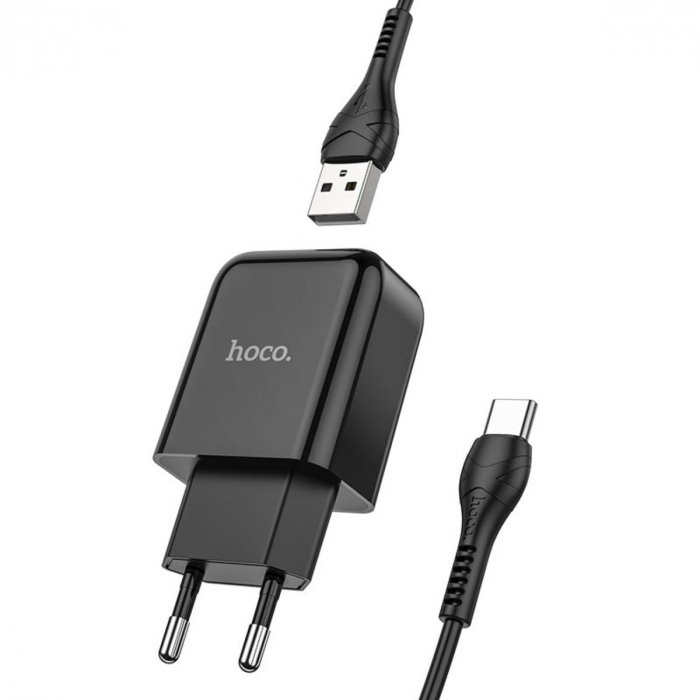 Incarcator priza EU, 5V / 2.1 A, 1 x USB, HOCO N2 Vigour, cu cablu Type C, lungime 1m, negru [2]