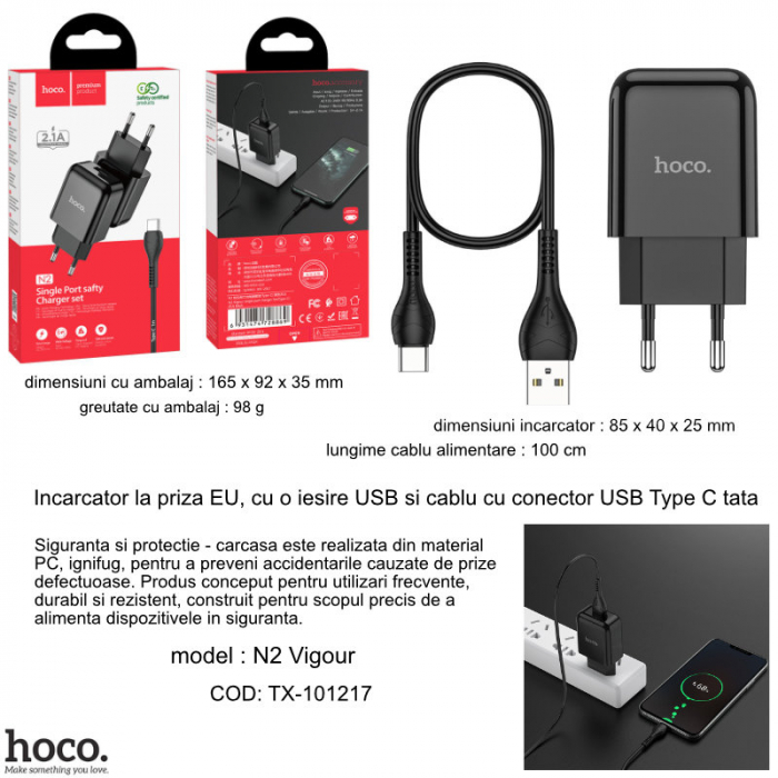 Incarcator priza EU, 5V / 2.1 A, 1 x USB, HOCO N2 Vigour, cu cablu Type C, lungime 1m, negru [6]