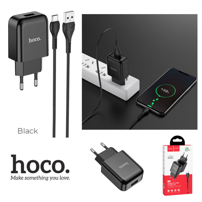 Incarcator priza EU, 5V / 2.1 A, 1 x USB, HOCO N2 Vigour, cu cablu Type C, lungime 1m, negru [4]