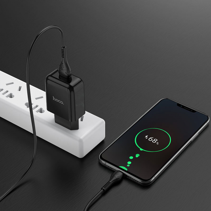 Incarcator priza EU, 5V / 2.1 A, 1 x USB, HOCO N2 Vigour, cu cablu Type C, lungime 1m, negru [8]