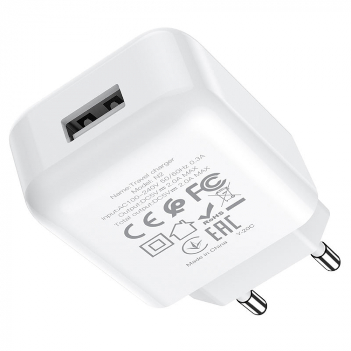 Incarcator priza EU, HOCO N2 Vigour, Fast Charge, 5V / 2.1 A, 1 x USB, alb [2]