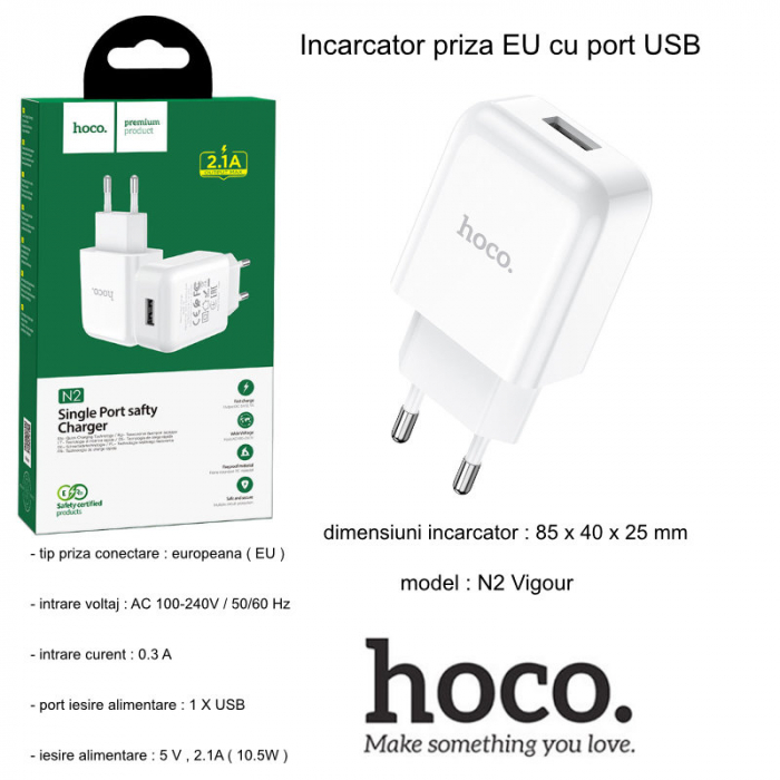 Incarcator priza EU, HOCO N2 Vigour, Fast Charge, 5V / 2.1 A, 1 x USB, alb [6]