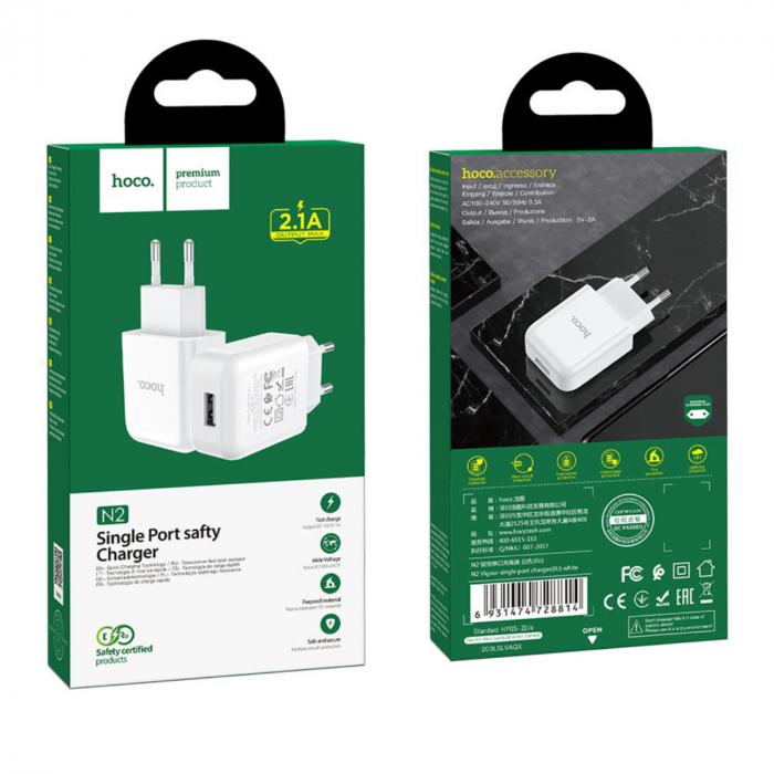 Incarcator priza EU, HOCO N2 Vigour, Fast Charge, 5V / 2.1 A, 1 x USB, alb [5]
