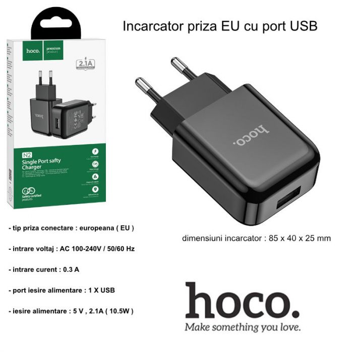 Incarcator priza EU, HOCO N2 Vigour Fast Charge, 5V / 2.1 A, 1 x USB, negru [6]
