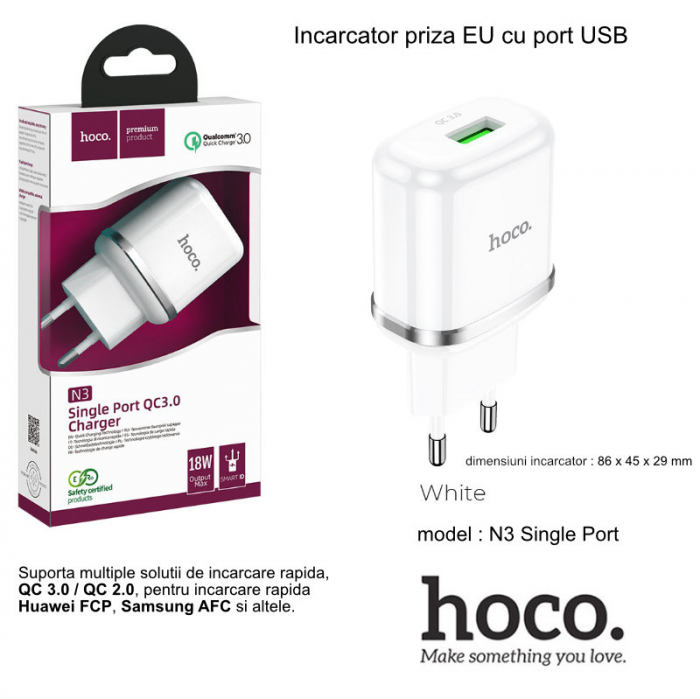 Incarcator priza EU, HOCO N3 Single Port, QC 3.0, 5V / 3 A, 18W, 1 x USB, alb [6]