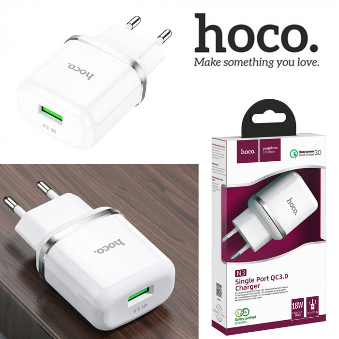 Incarcator priza EU, HOCO N3 Single Port, QC 3.0, 5V / 3 A, 18W, 1 x USB, alb [4]