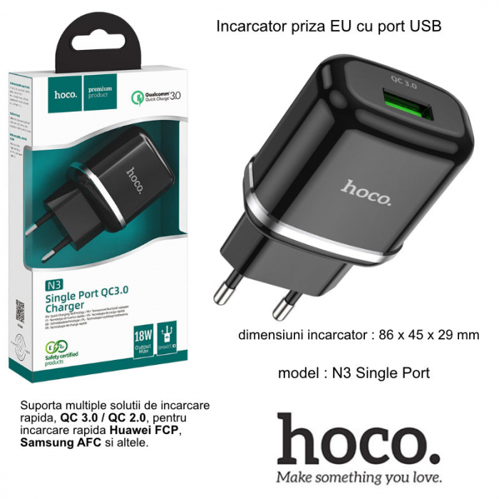 Incarcator Retea Hoco N3 Vigour 1xUSB 18W QC 3.0 , Black [6]