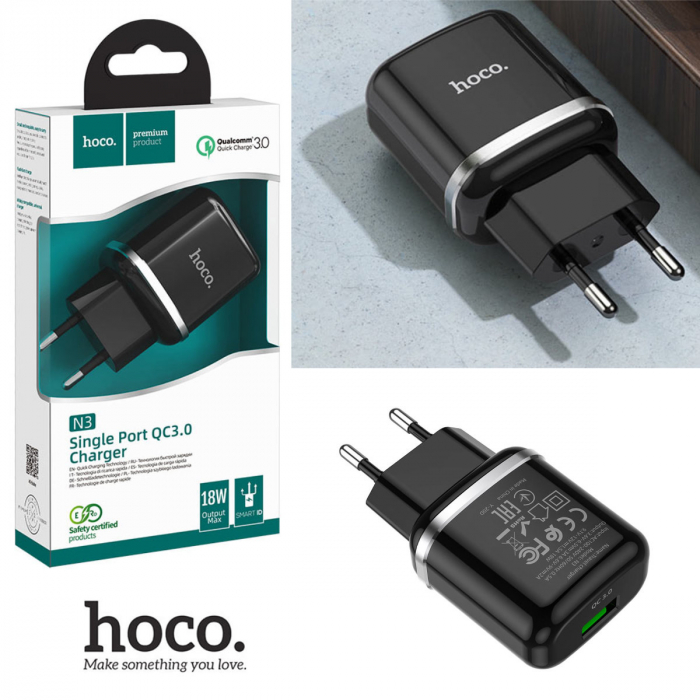 Incarcator Retea Hoco N3 Vigour 1xUSB 18W QC 3.0 , Black [4]