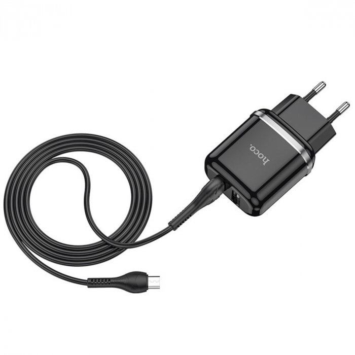 Incarcator priza EU, 5V / 2.4 A, 2 x USB, HOCO N4 Aspiring 12W, cu cablu microUSB, lungime 1m, negru [2]