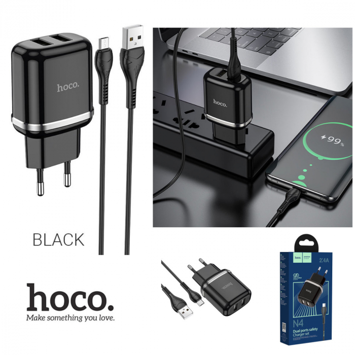 Incarcator priza EU, 5V / 2.4 A, 2 x USB, HOCO N4 Aspiring 12W, cu cablu microUSB, lungime 1m, negru [3]