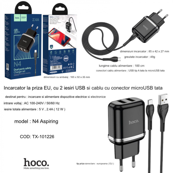 Incarcator priza EU, 5V / 2.4 A, 2 x USB, HOCO N4 Aspiring 12W, cu cablu microUSB, lungime 1m, negru [5]