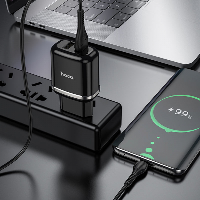 Incarcator priza EU, 5V / 2.4 A, 2 x USB, HOCO N4 Aspiring 12W, cu cablu microUSB, lungime 1m, negru [6]