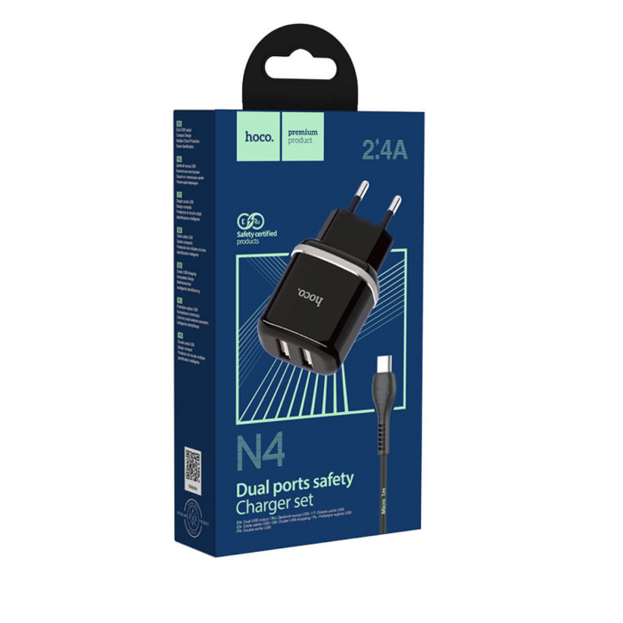 Incarcator priza EU, 5V / 2.4 A, 2 x USB, HOCO N4 Aspiring 12W, cu cablu microUSB, lungime 1m, negru [4]