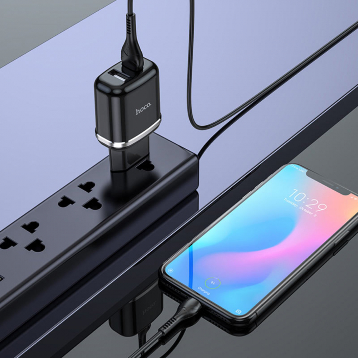 Incarcator priza EU, 5V / 2.4 A ( 12W ), 2 x USB, HOCO N4 Aspiring , cu cablu USB Type C, lungime 1m, negru [3]