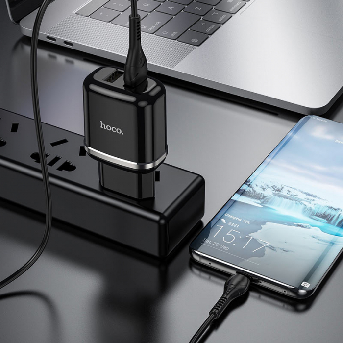 Incarcator priza EU, 5V / 2.4 A ( 12W ), 2 x USB, HOCO N4 Aspiring , cu cablu USB Type C, lungime 1m, negru [7]
