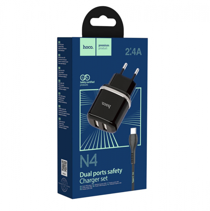 Incarcator priza EU, 5V / 2.4 A ( 12W ), 2 x USB, HOCO N4 Aspiring , cu cablu USB Type C, lungime 1m, negru [5]