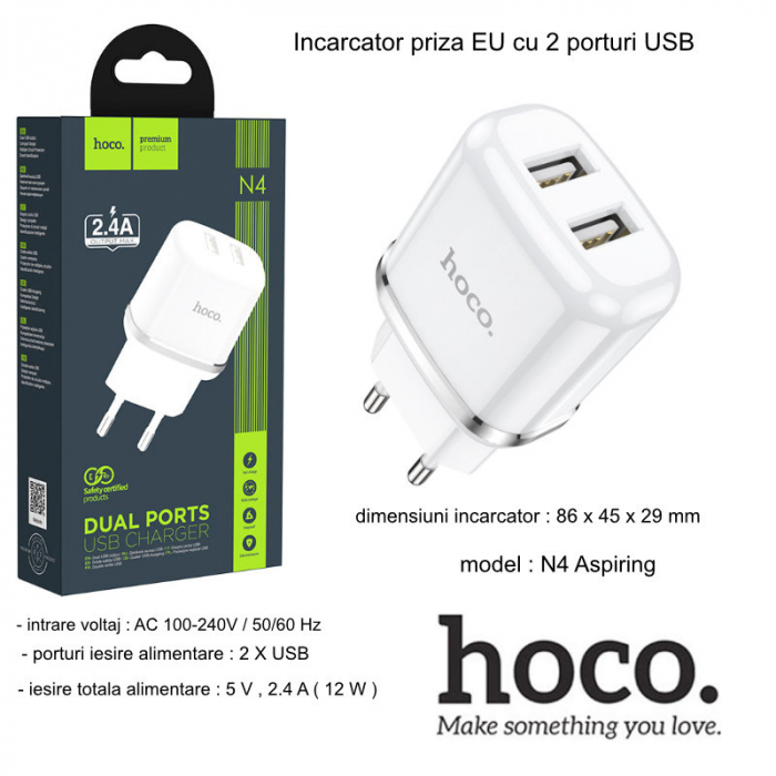 Incarcator priza EU, HOCO N4 Dual Ports, Fast Charge, 5V / 2.4 A, 2 porturi USB, alb [6]