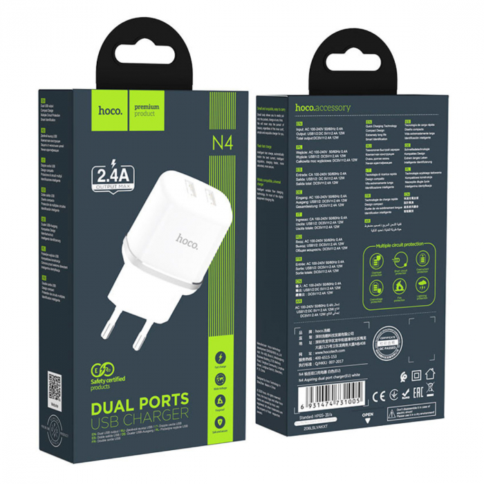 Incarcator priza EU, HOCO N4 Dual Ports, Fast Charge, 5V / 2.4 A, 2 porturi USB, alb [5]