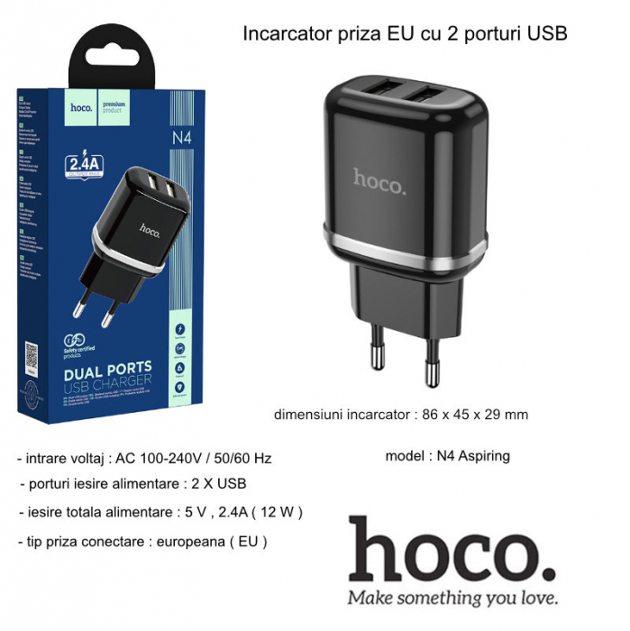 Incarcator priza EU, HOCO N4 Dual Ports Fast Charge, 5V / 2.4 A, 2 porturi USB, negru [6]