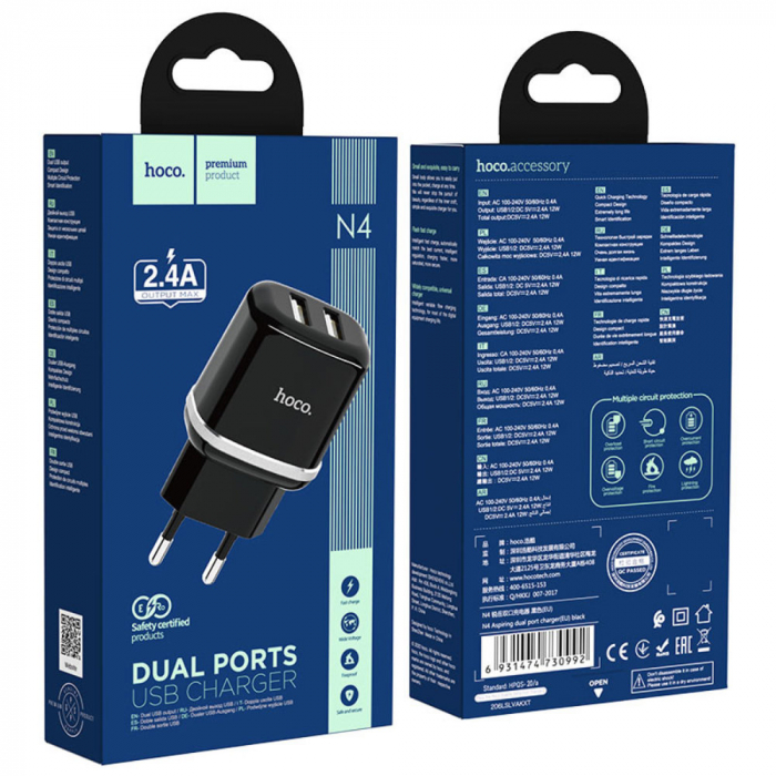 Incarcator priza EU, HOCO N4 Dual Ports Fast Charge, 5V / 2.4 A, 2 porturi USB, negru [5]