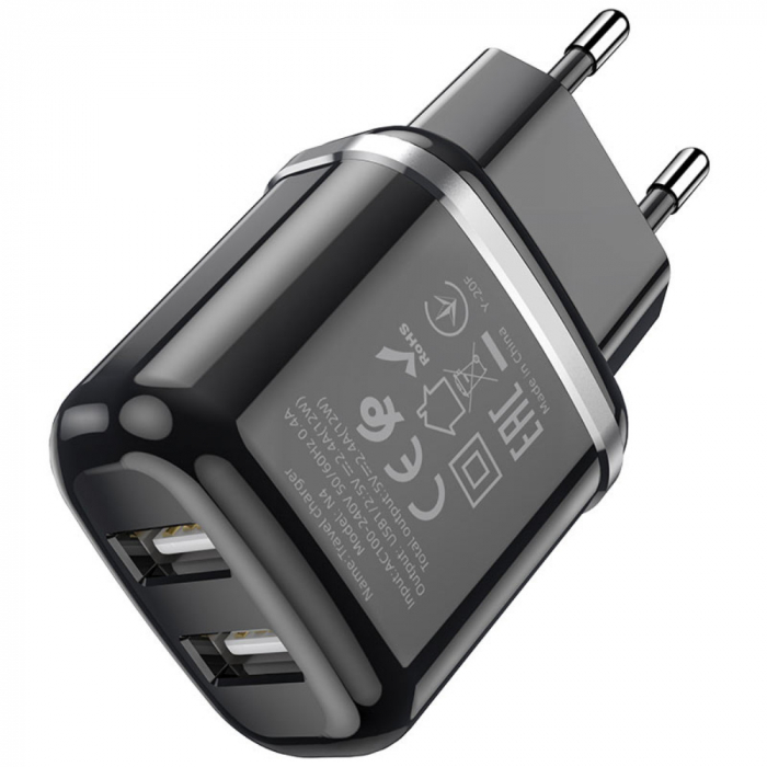 Incarcator priza EU, HOCO N4 Dual Ports Fast Charge, 5V / 2.4 A, 2 porturi USB, negru [2]