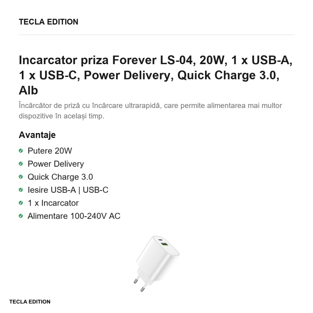 Incarcator priza Forever LS-04, 20W, 1 x USB-A, 1 x USB-C, Power Delivery, Quick Charge 3.0, Alb [2]