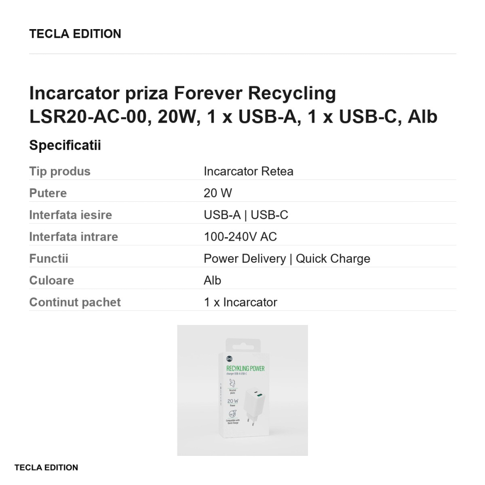 Incarcator priza Forever Recycling LSR20-AC-00, 20W, 1 x USB-A, 1 x USB-C, Alb [3]
