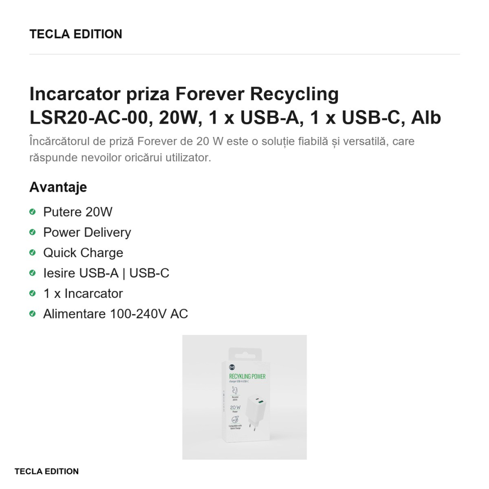 Incarcator priza Forever Recycling LSR20-AC-00, 20W, 1 x USB-A, 1 x USB-C, Alb [2]