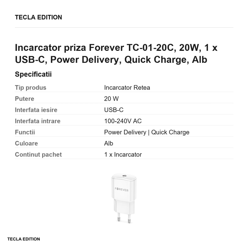 Incarcator priza Forever TC-01-20C, 20W, 1 x USB-C, Power Delivery, Quick Charge, Alb [3]