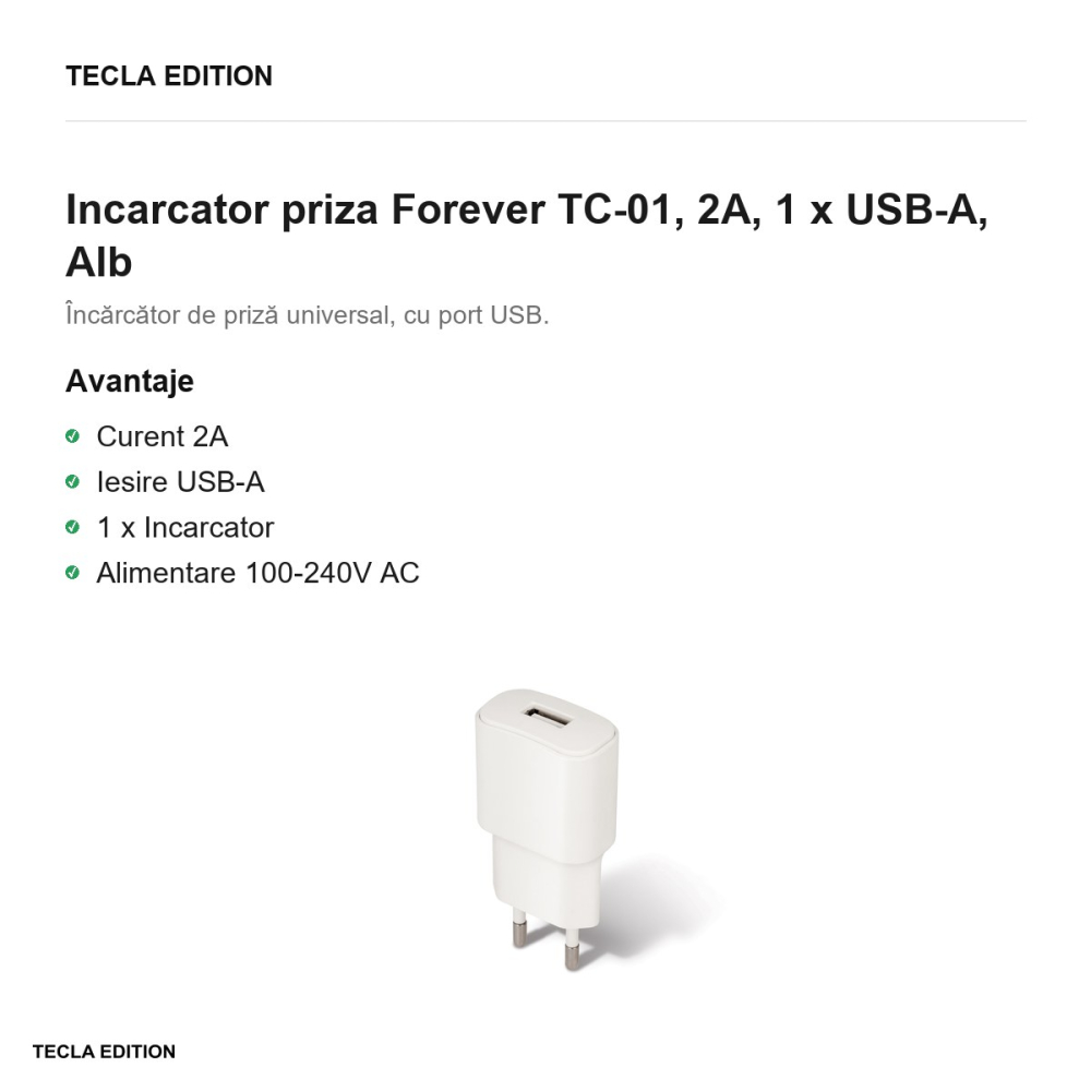 Incarcator priza Forever TC-01, 2A, 1 x USB-A, Alb [2]