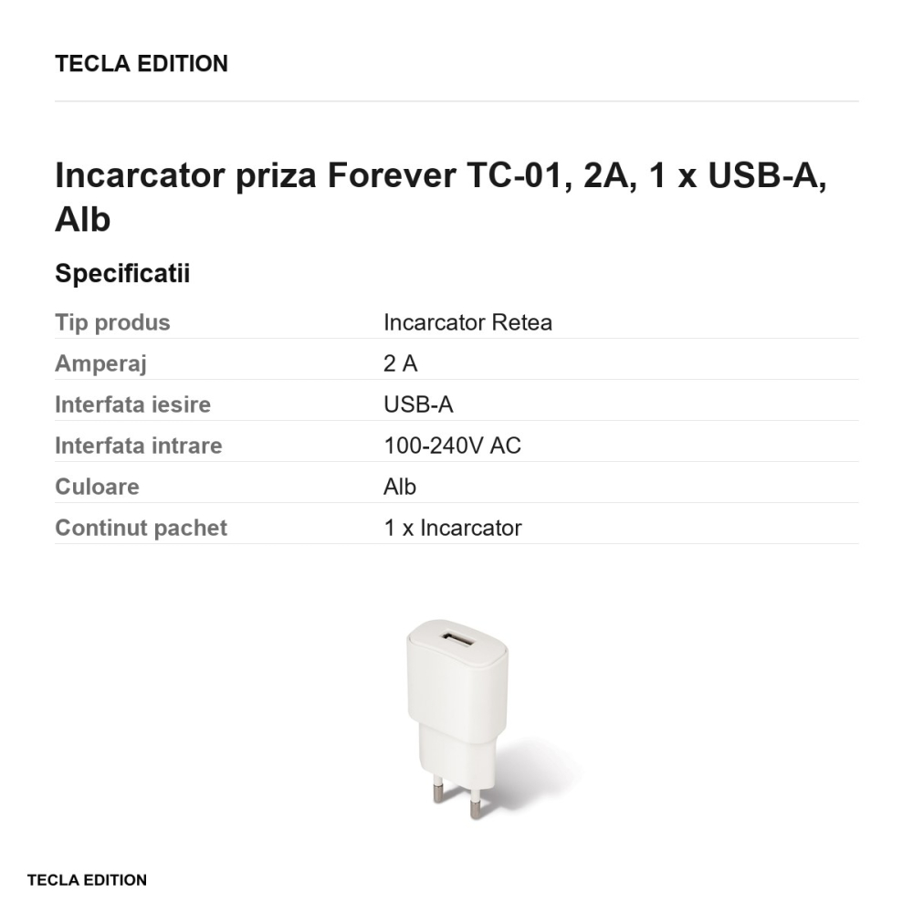 Incarcator priza Forever TC-01, 2A, 1 x USB-A, Alb [3]
