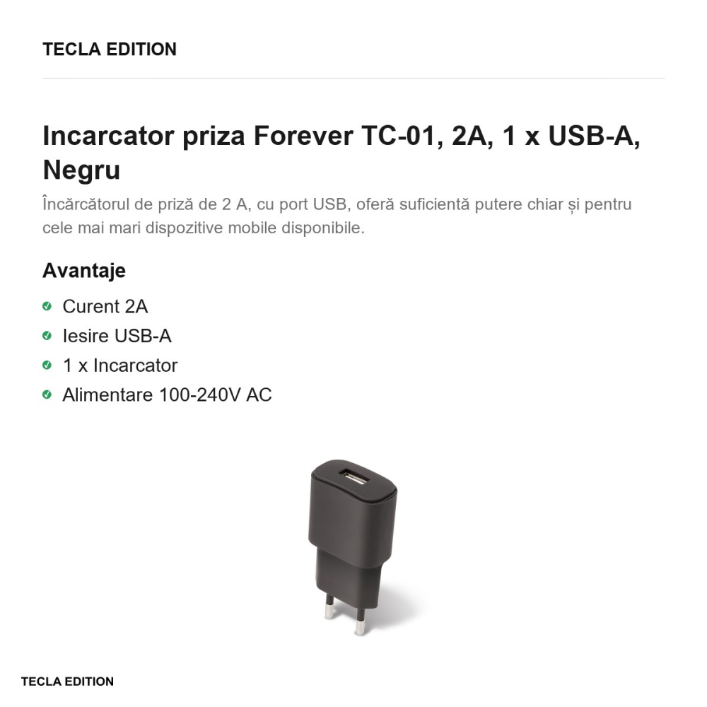 Incarcator priza Forever TC-01, 2A, 1 x USB-A, Negru [2]