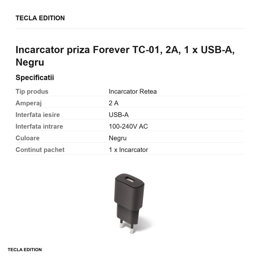 Incarcator priza Forever TC-01, 2A, 1 x USB-A, Negru [3]