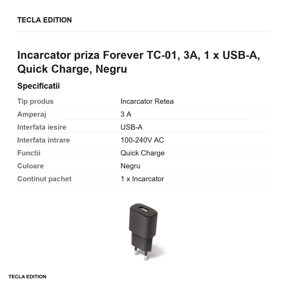 Incarcator priza Forever TC-01, 3A, 1 x USB-A, Quick Charge, Negru [3]