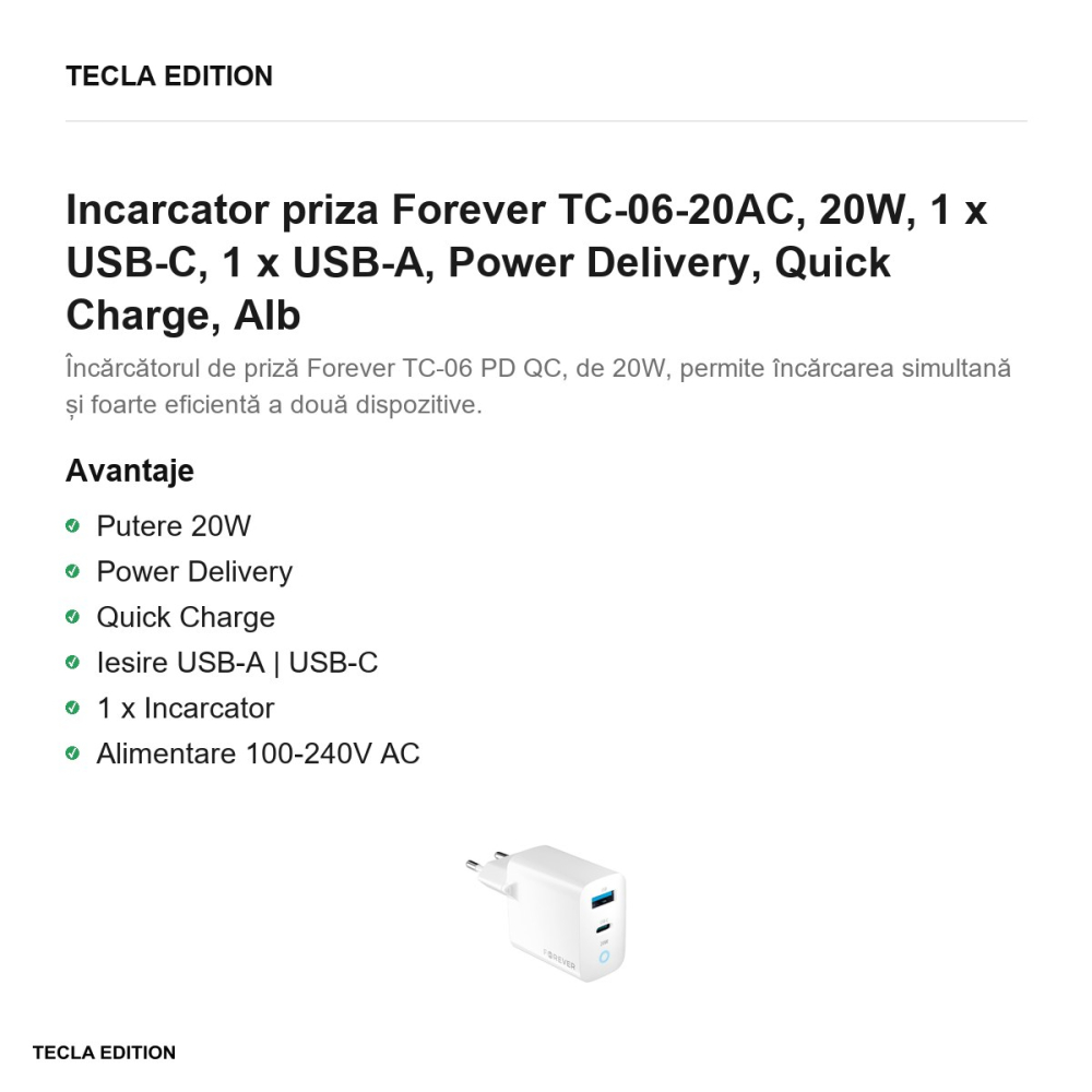 Incarcator priza Forever TC-06-20AC, 20W, 1 x USB-C, 1 x USB-A, Power Delivery, Quick Charge, Alb [2]