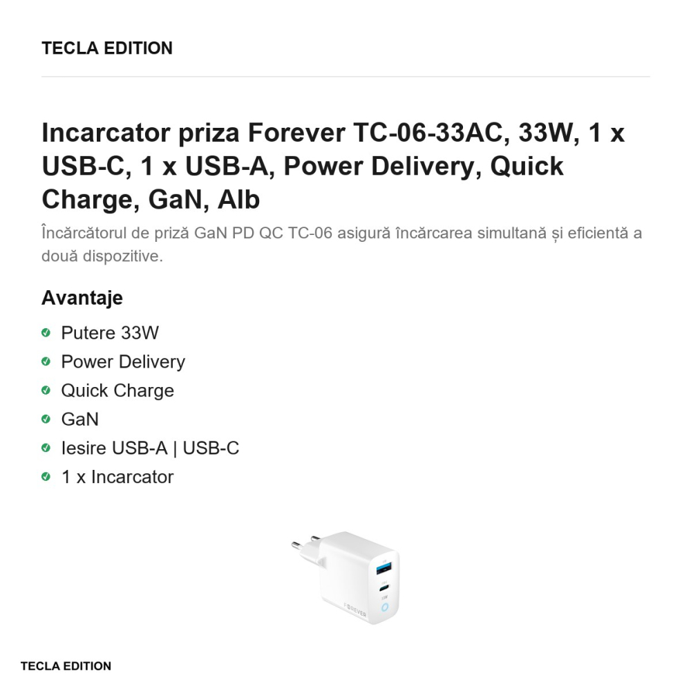 Incarcator priza Forever TC-06-33AC, 33W, 1 x USB-C, 1 x USB-A, Power Delivery, Quick Charge, GaN, Alb [2]