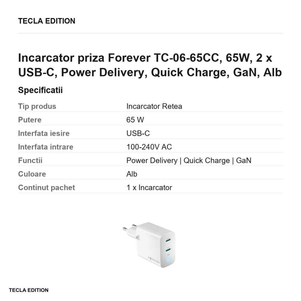 Incarcator priza Forever TC-06-65CC, 65W, 2 x USB-C, Power Delivery, Quick Charge, GaN, Alb [3]