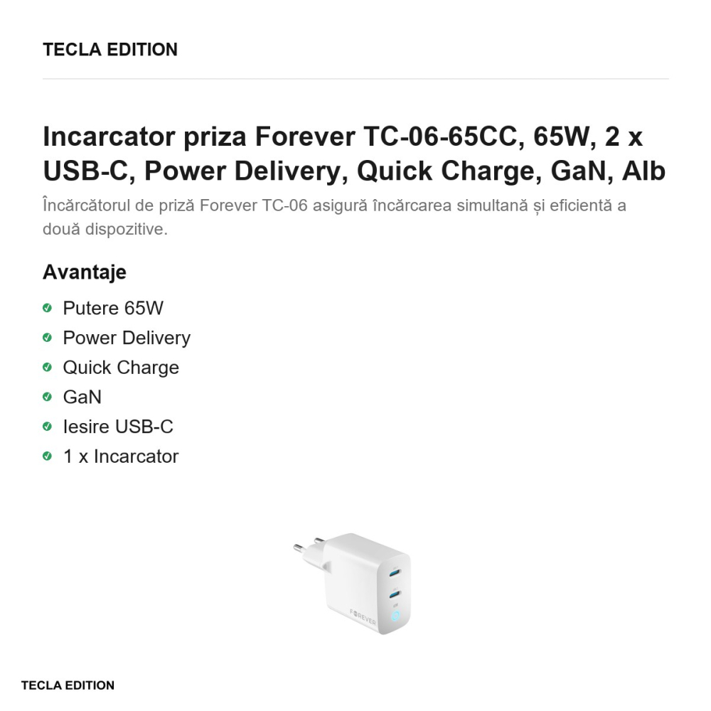 Incarcator priza Forever TC-06-65CC, 65W, 2 x USB-C, Power Delivery, Quick Charge, GaN, Alb [2]