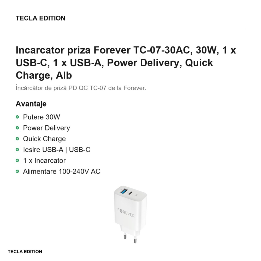 Incarcator priza Forever TC-07-30AC, 30W, 1 x USB-C, 1 x USB-A, Power Delivery, Quick Charge, Alb [2]